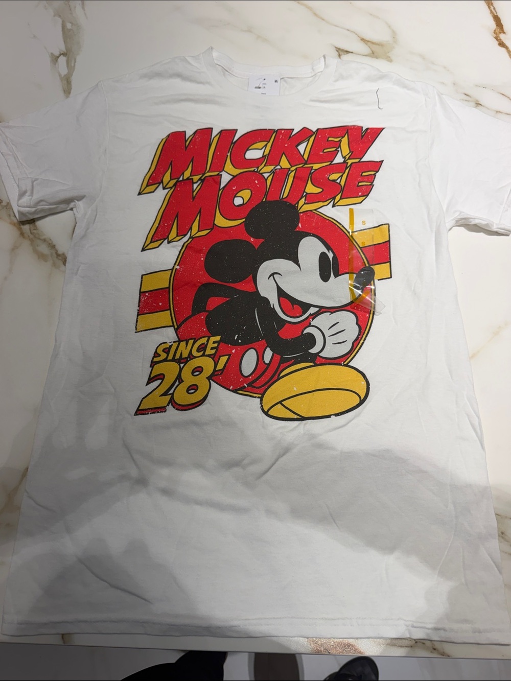 Disney White Tee with Red, Yellow & Black Mickey Graphic